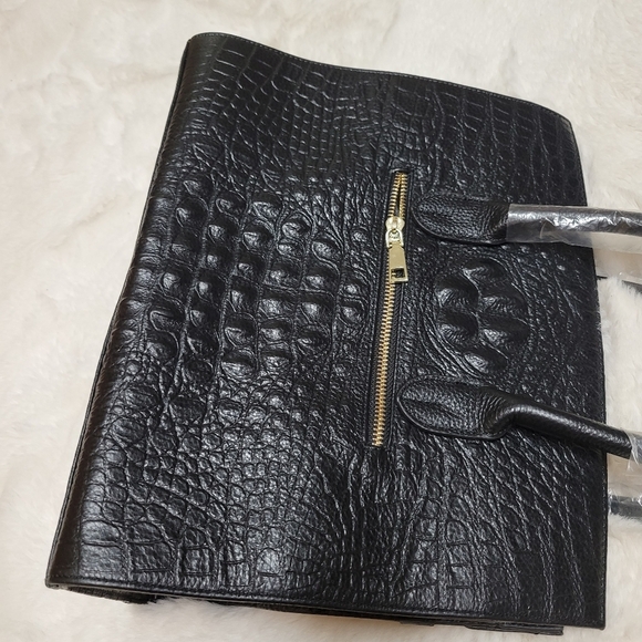 Genuine Leather Croc Embossed Top Handle Designer Style Bag Purse Black New - Picture 4 of 9